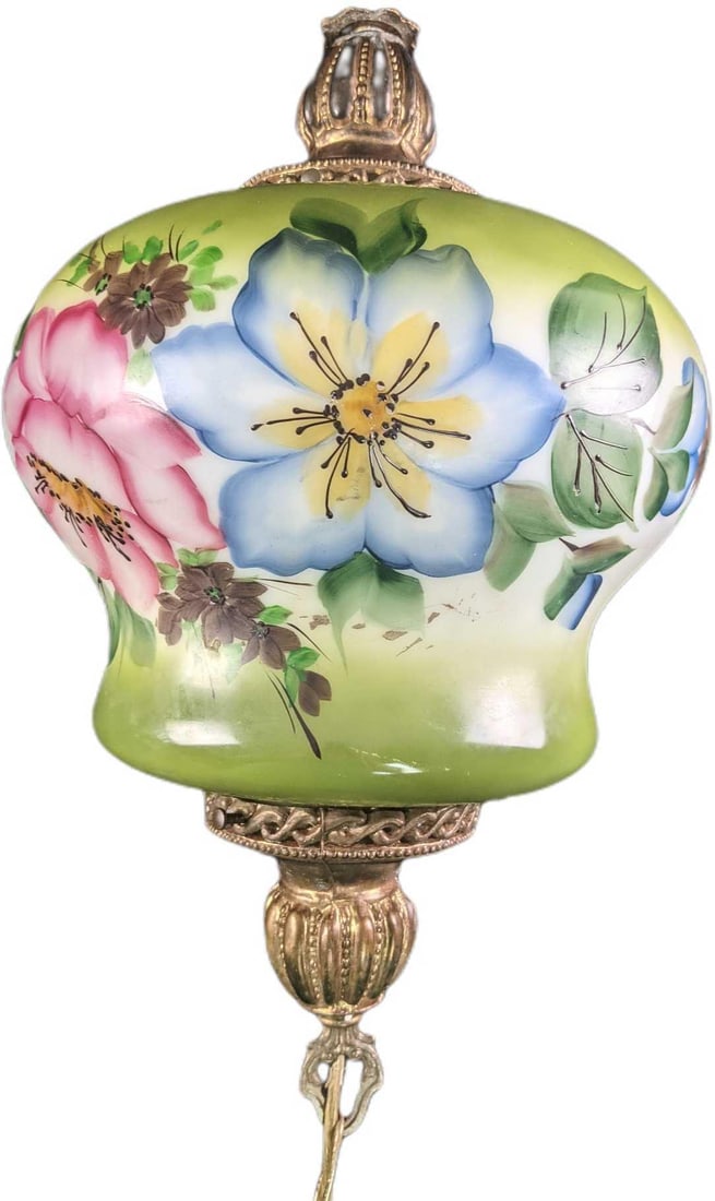 Vintage Handpainted Glass Floral Lamp: Vintage Handpainted Glass Floral Lamp. The maker and date of creation are unknown. The lamp is approx 12" x 12" x 17" and it weighs 6.5lb. The chain cord is approx 140". The lamp is untested.