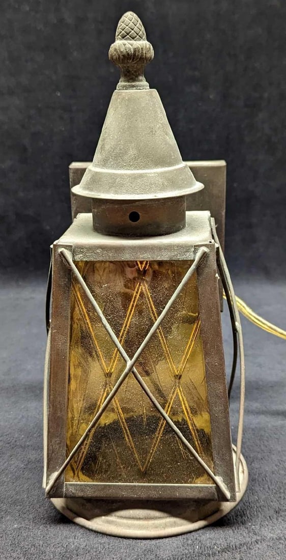 Vintage Metal And Amber Glass Wall Lamp With Cord: Vintage Metal And Amber Glass Wall Lamp With Cord. Wall lamp that now has a cord attached. Lamp can be hung up, and the plug can be plugged in for an easy set up. The original connectors are still in