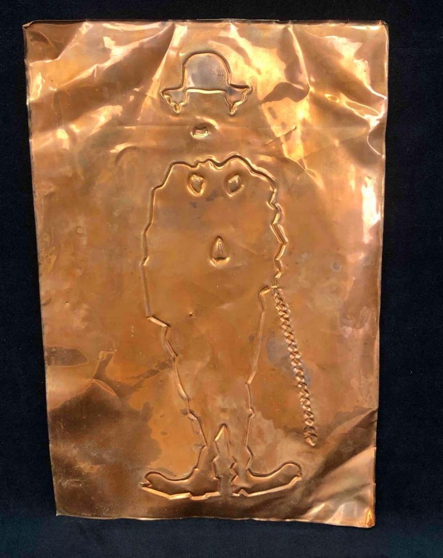 Tin Abstract Engraving Embossed With Copper: This lot contains a unique tin abstract engraving embossed with copper. The image depicts some sort of man. The work is approx 12" x 8" and weighs about 0.1lbs. The artwork is in good condition