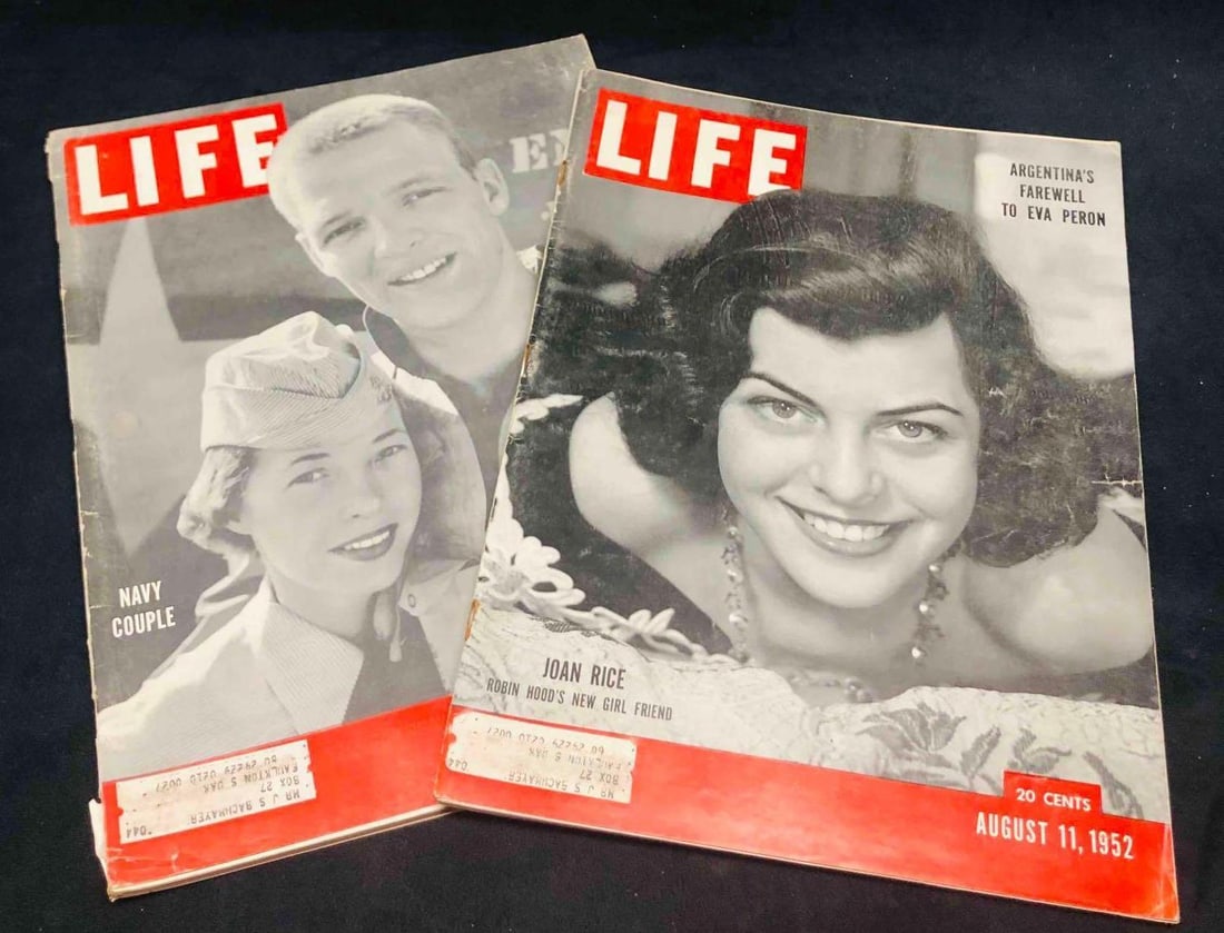 Vintage Life Magazines Navy Couple 1951 + Joan Rice 1952: This lot contains a Vintage Life Magazines Navy Couple 1951 + Joan Rice 1952. Each magazine is approx 14" x 10 1/2" and together they weigh about 2lbs. Overall the Vintage Life Magazines are in good