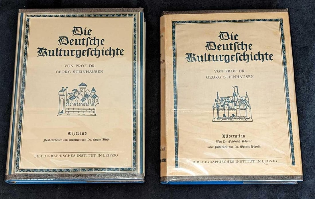 Georg Steinhausen Die Deutsche Kulturgeschichte HC: Georg Steinhausen Die Deutsche Kulturgeschichte HC. These volumes were published by Bibliographisches Institut (Leipzig, Germany) and was copyrighted in 1936. Volume 1 is approx 2" x 8" x 10 1/2"