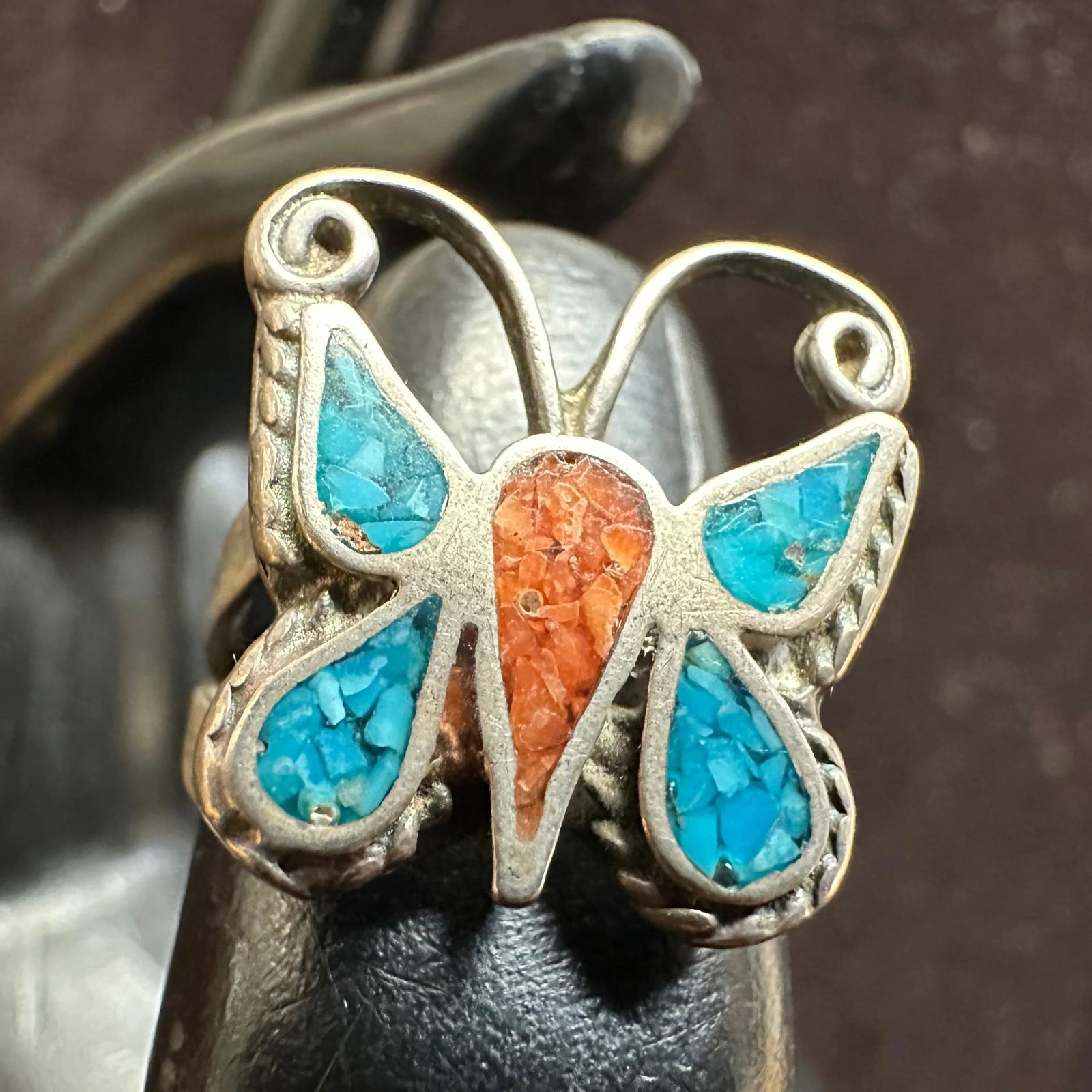 Vintage Native American Style Crushed Turquoise Coral Inlay Butterfly Ring: This item is in good pre-owned, previously used/displayed condition with noticeable light wear and surface scratches. Please reference all photos for full details. This piece of jewelry has been