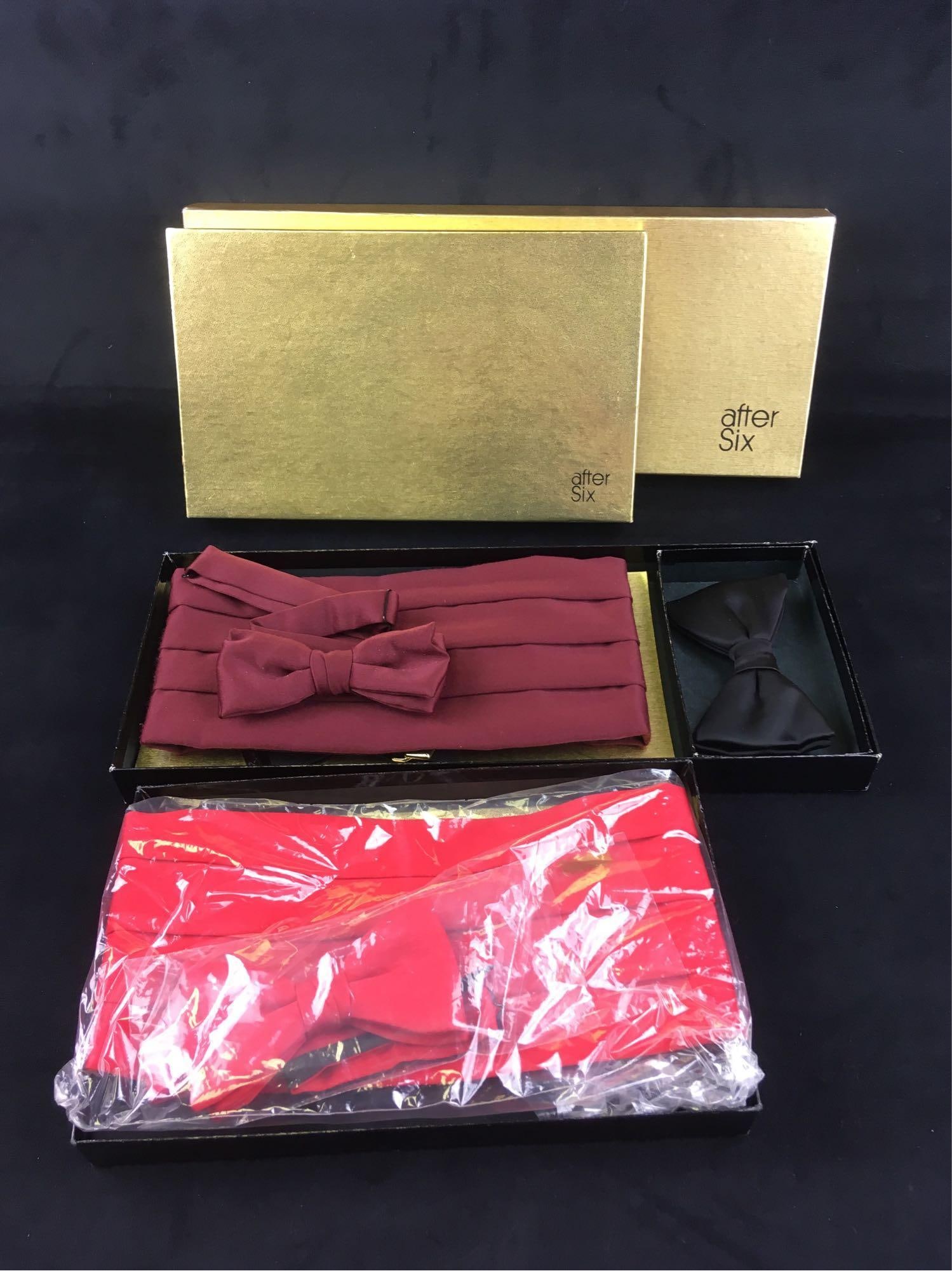 Vintage After Six Brand Cummerbunds: Vintage After Six Brand Cummerbunds; This collections comes with a total of 3 cummerbunds with matching bow ties in colors red, maroon, and black. The red is size S/M 28-36, the Maroon is 37" L and