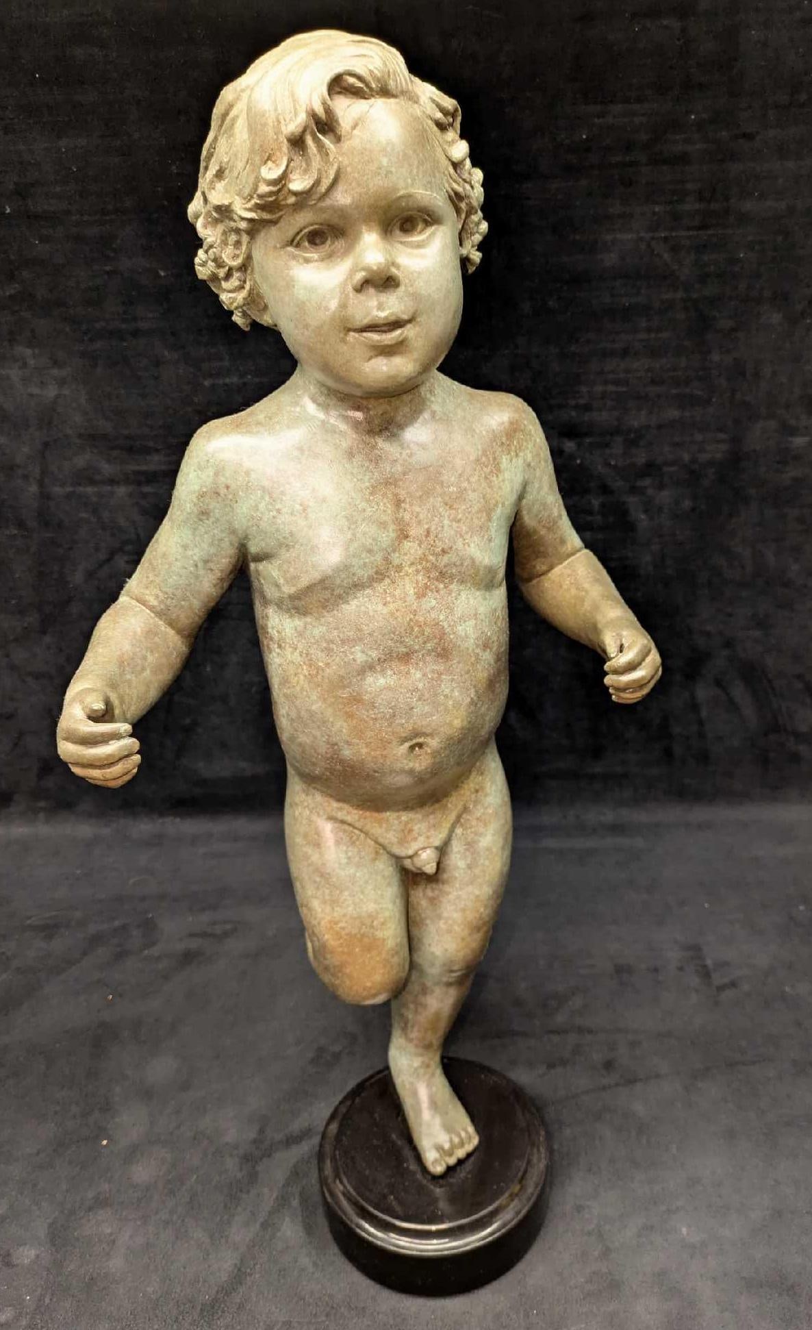 Myra Weisgold Bronze 26" Dancing Nude Boy Statue R72: Myra Weisgold Bronze 26" Dancing Nude Boy Statue R72. This is approx 10 1/2" x 8" x 26" and it weighs 41.40lbs. The statue's foot has a signature and is dated '93.