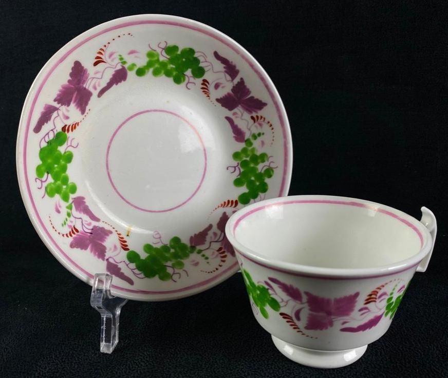 Antique Pink Lustreware Cup & Saucer: Antique Sunderland Pink Lustreware Cup & Saucer Pink Lustreware porcelain cup and saucer from the early 1800s, made in England. These porcelain sets with the trademark pink pearlescent designs