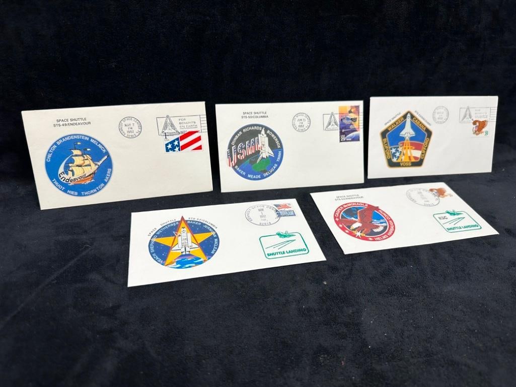 1992/3 KSC Shuttle Mission Stamp Covers: 1992/3 KSC Shuttle Mission Stamp Covers Lot of 5 space shuttle mission covers, stamped on the day of launch or landing at the Kennedy Space Center post office. In good condition with no known