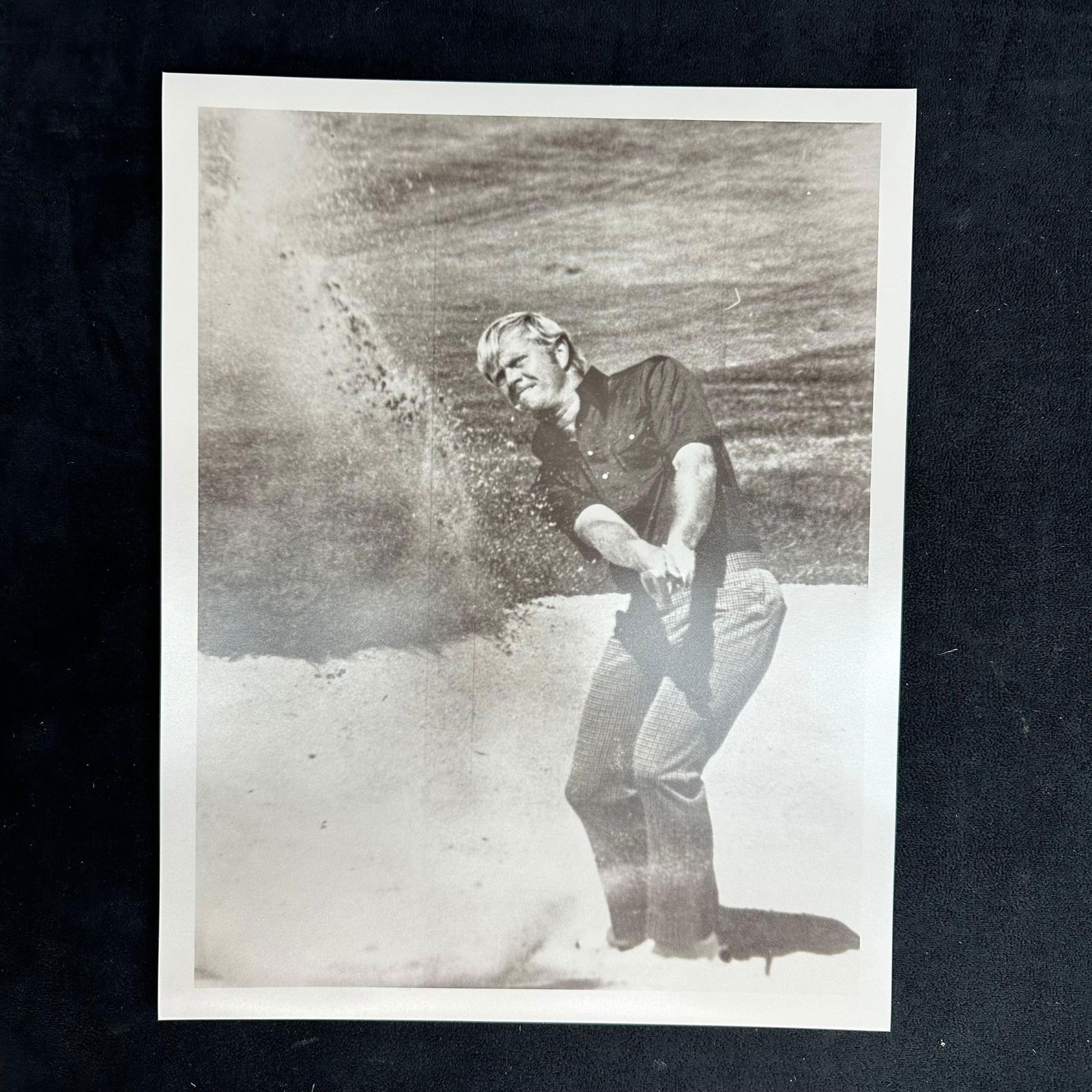 Jack Nicklaus Black and White Analog Photo Print Editorial Golf Photograph #2: Black and white analog photograph print of golf legend Jack Nicklaus mid-swing from a sand trap, showcasing his signature precision and calm under pressure. Professionally printed on pearl resin-coate