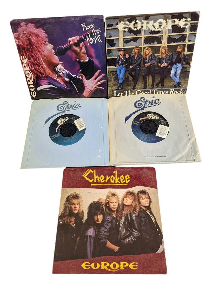 5 7" Singles Europe Glam Metal: This lot includes: (1) Let The Good Times Rock. This was released by Epic in 1988. (1) Rock The Night. This was released by Epic in 1987. (1) The Final Countdown. This was released by