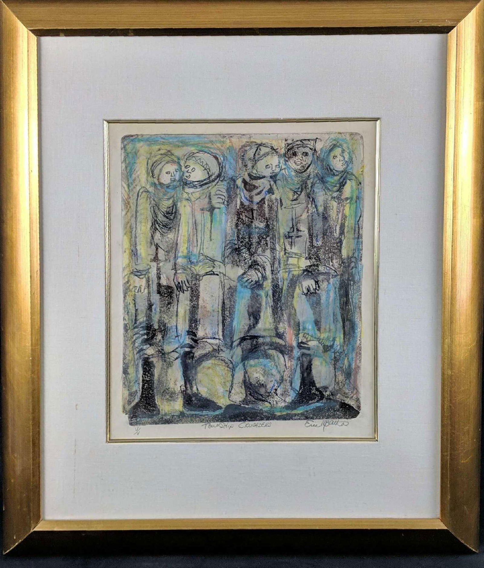 Vintage Framed "Township Crusaders" Eric Batha Print: Vintage Framed "Township Crusaders" Eric Batha Print, This one is #V out of #V. Framed print is approx 24" x 2" x 28". The print is approx 13" x 15". Framed art is in good, vintage condition with some