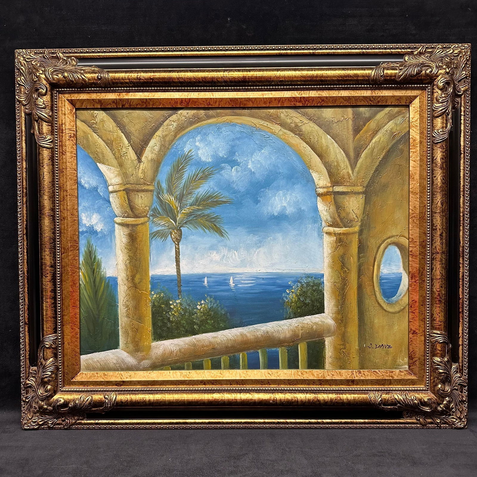 W. Dave Signed Original Oil Painting on Canvas Ocean Coastal Palm Tree View: Beautiful original oil painting on canvas signed W. Dave, depicting a serene Mediterranean-style seaside view framed by classic stone arches and a balcony overlooking the ocean. Sailboats glide in the