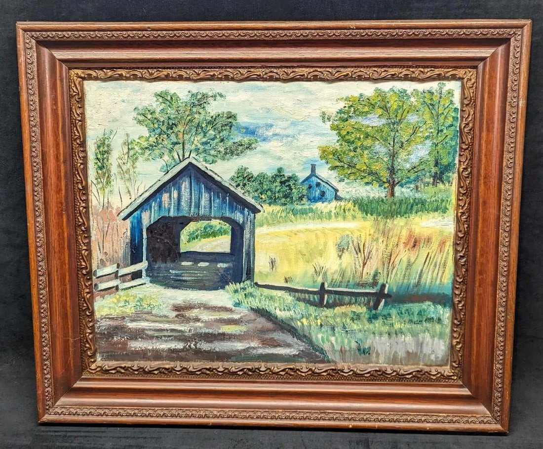 Vintage Framed Oil Flat Canvas Covered Bridge: Vintage Framed Oil Flat Canvas Covered Bridge. Here is a vintage, unsigned original oil on a flat canvas of a covered bridge. This is approx 25 1/2" x 3" x 21 1/2" and it weighs 5.20lbs. The fram