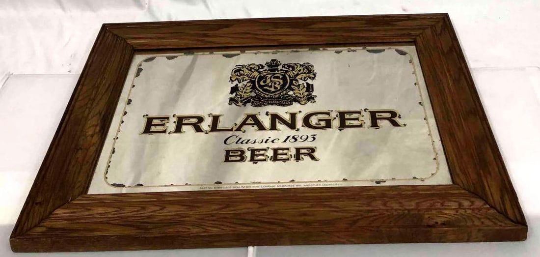 Erlanger Classic 1893 Beer Mirror: This lot contains a Erlanger beer mirror. This is the perfect decor for any at home bar or man cave. It is approx 16 1/2" x 22 1/2" and weighs about 4.6lbs. Overall the mirror is in good used conditio