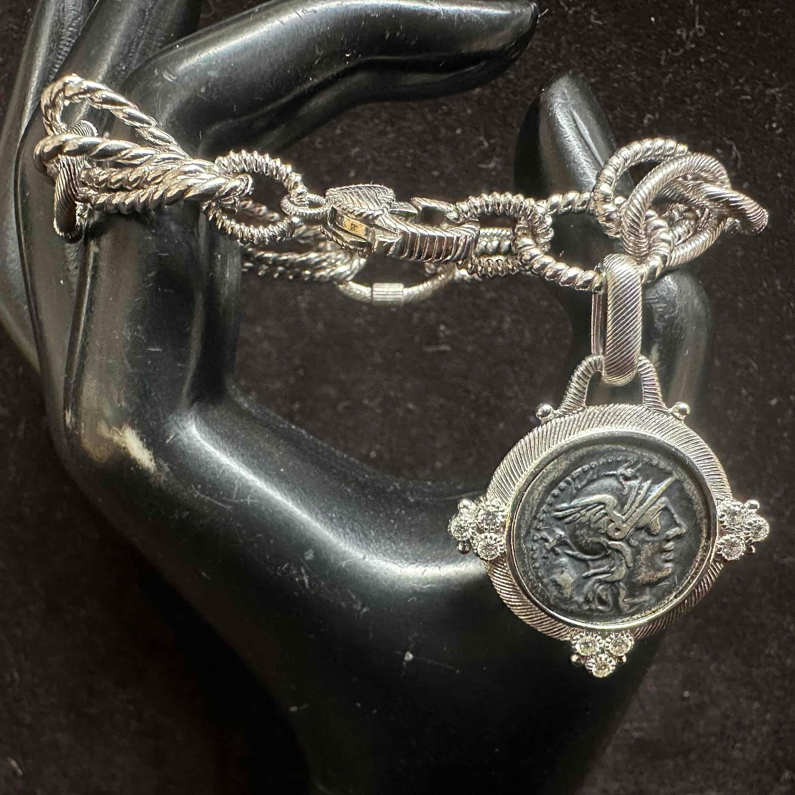 Judith Ripka Designer Sterling Silver Roman Coin Replica Chain Link Cubic Zirconia Bracelet: This item is in good pre-owned, previously used/displayed condition with noticeable light wear, and surface scratches. Please reference all photos for full details. This piece of jewelry has been test