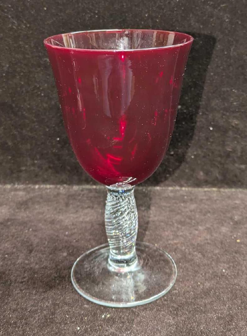 2 Vintage Ruby Red Twisted Stem Water Goblets - 2