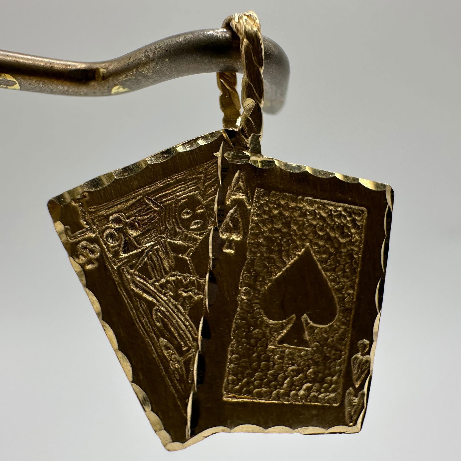 14K Yellow Gold Blackjack Playing Cards Ace Spades Jack Clubs Pendant MA: This item is in good pre-owned, previously used/displayed condition with noticeable light wear and surface scratches. Please reference all photos for full details. This piece of jewelry has been
