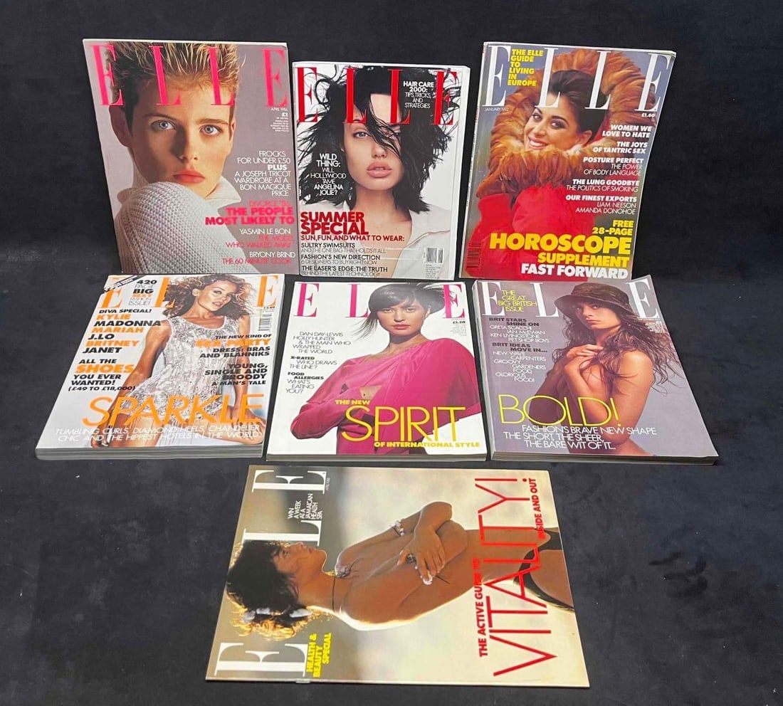 Random Bundle Of Vintage Elle Magazines 80's, 90's & 2000's: This lot contains a Random Bundle Of Vintage Elle Magazines 80's, 90's & 2000's. The largest magazine is approx 11 3/4" x 9 1/4". Total weight is 9.7lbs. Overall the vintage magazines are in good used