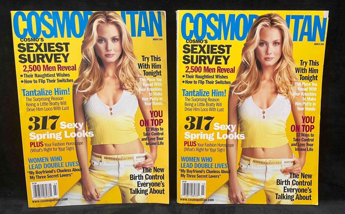 Two Vintage Cosmopolitan Magazines March 2001 Vanessa Lorenzo: This lot contains a Two Vintage Cosmopolitan Magazines March 2001 Vanessa Lorenzo. Each magazine is approx 10 3/4" x 8 1/4" and together they weigh about 2.3lbs. Overall the vintage magazines are in g
