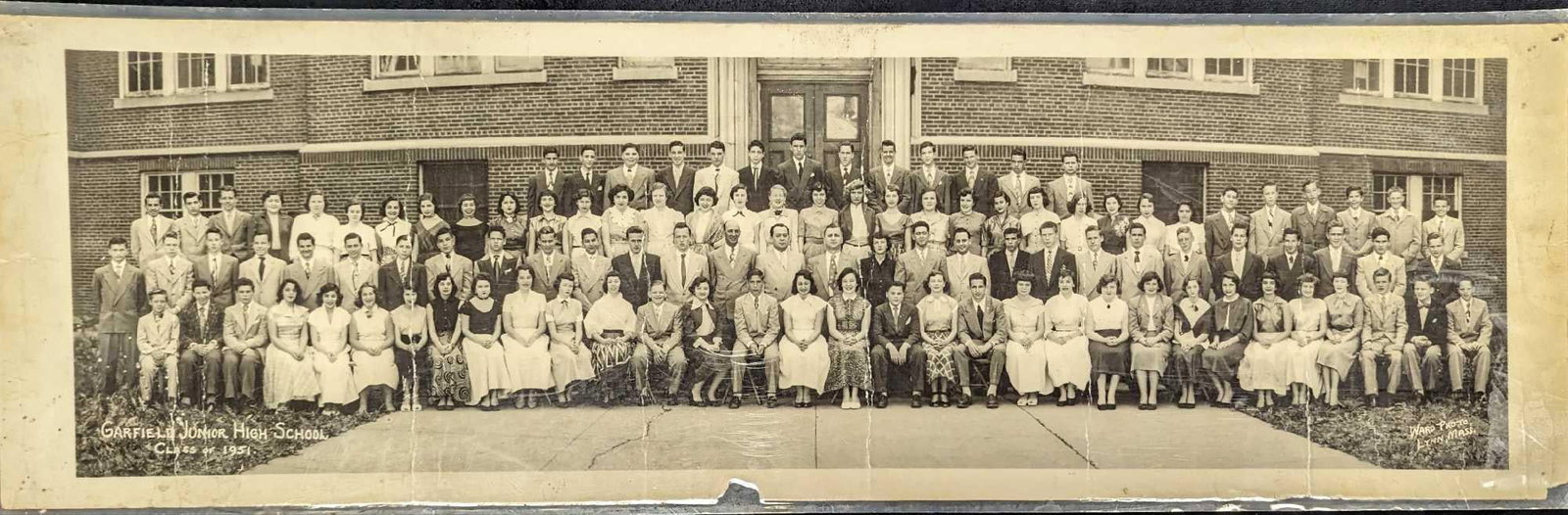 Signed Garfield Junior High School Class Of 1951 Photo Print: Signed Garfield Junior High School Class Of 1951 Photo Print. Here is a vintage photo print of the class of 1951. The front shows the students and facility. The back is signed by many included in