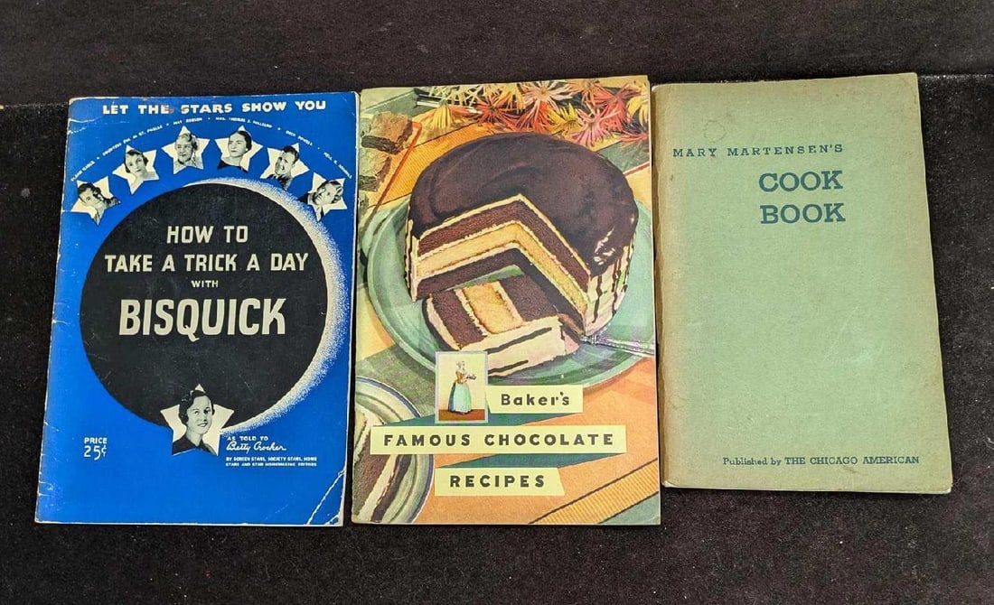 Vintage Bakers Chocolate Bisquick Mary Martensen Cookbooks: Vintage Bakers Chocolate Bisquick Mary Martensen Cookbooks. This lot includes: (1) How To Take A Trick A Day With Bisquick. This is approx 6 1/4" x 1/8" x 9". This was copyrighted in 1935