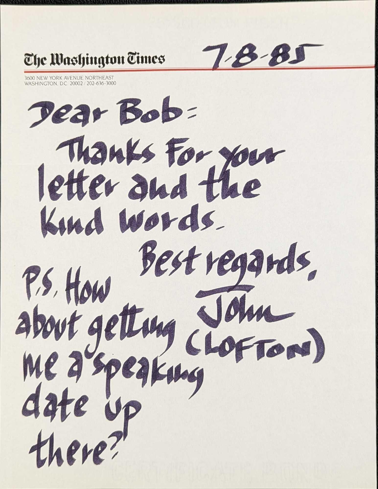 Handwritten John Lofton Political Commentator Letter (1 of 2)
