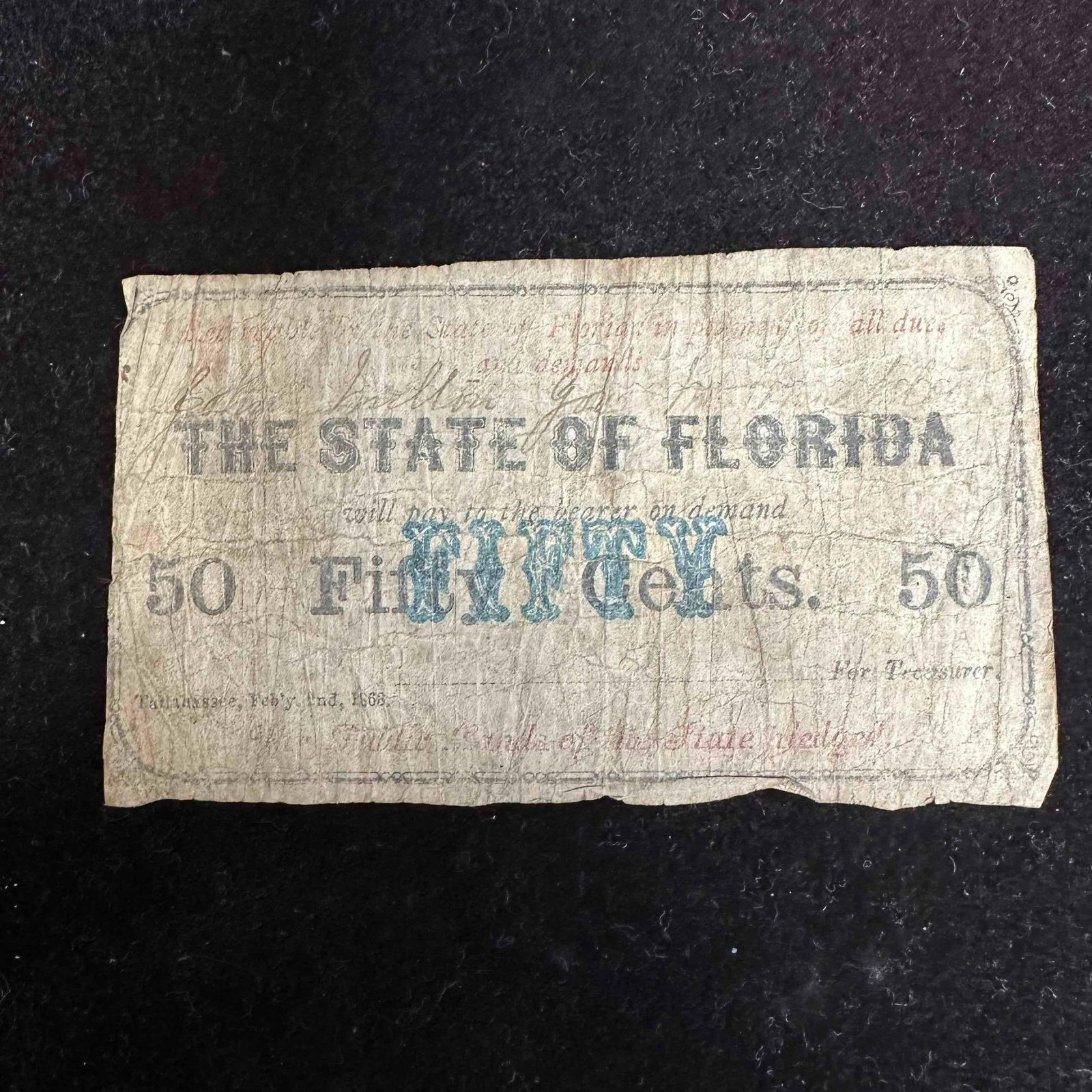 The State of Florida Fifty Cents Bank Note: This item is in good pre-owned, previously displayed condition with light wear, creases, minor tears, and holes. Creased corners this bank note is worn due to age and storage. Please reference all pho