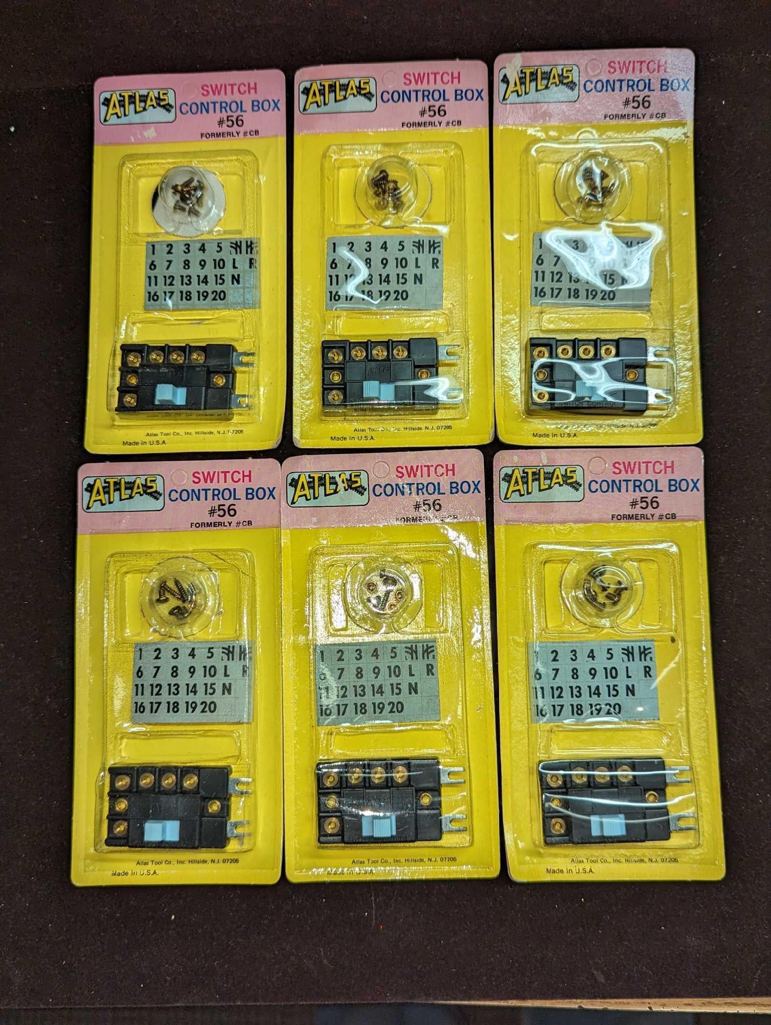 6 Vintage Sealed Atlas Switch Control Boxes #56 A: 6 Vintage Sealed Atlas Switch Control Boxes #56 A. Each is approximately 3" x 1/4" x 6" and the total weight is 0.23lb. There is some shelf wear on the packages. 