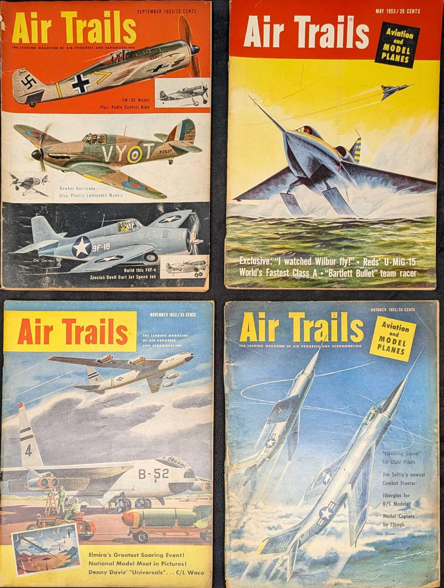 4 Air Trails Model Magazine Year 1953: 4 Air Trails Model Magazine Year 1953. Here are Air Trails magazines from the year 1953. This lot includes May, September, October and November. Each of the magazines are approx 8 1/4" x 1/8" x 11