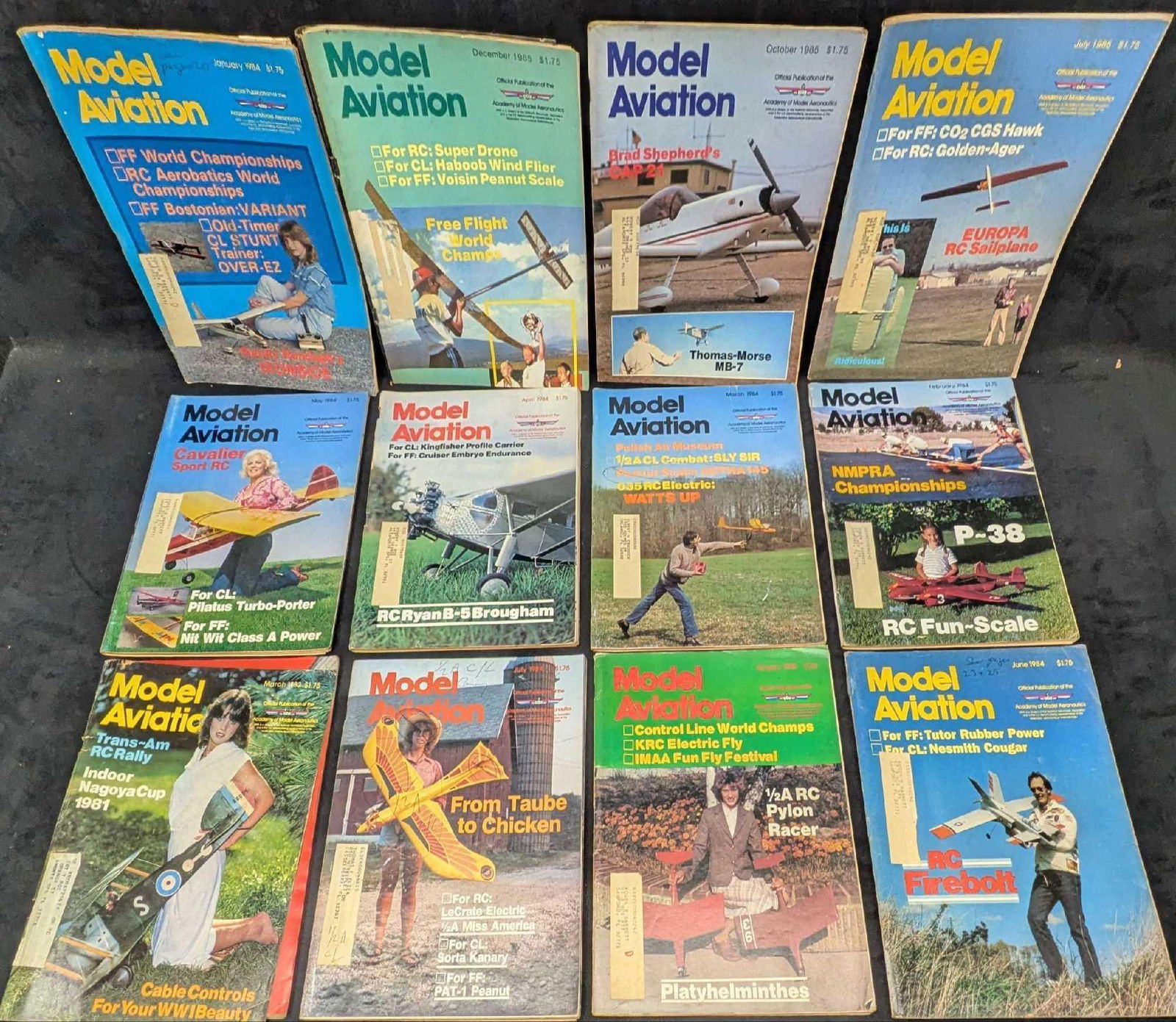 12 Vintage Model Aviation Magazines 1980s: 12 Vintage Model Aviation Magazines 1980s. Each of the magazines are approx 8 1/4" x 1/4" x 11" and the total weight is 8.20lbs. The covers have some shelf wear, some of the covers are loose but still