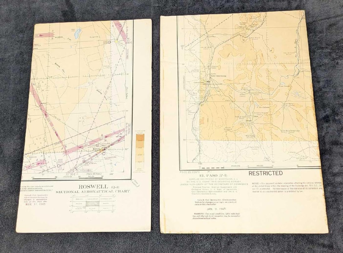 2 EL Paso And Roswell Sectional Aeronautical Charts: 2 EL Paso And Roswell Sectional Aeronautical Charts. This lot includes: (1) Roswell, New Mexico From March 11, 1948. This is approx 7" x 1/8" x 12". (1) El Paso, Texas From January 11, 19