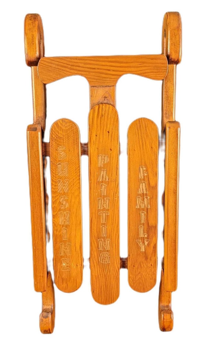 Vintage Christmas Holiday Sleigh Decoration: Vintage Christmas Holiday Sleigh Decoration. This was made not to use, but to use as decoration. This might have once belonged to a local painters company. Has "Sunshine Painting Family" marked on the