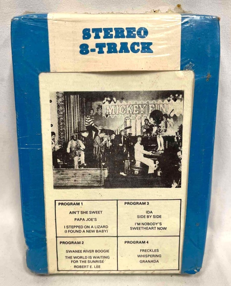 Sealed Stereo 8-Track Mickey Finn's America's #1 Speakeasy: This lot contains a Sealed Stereo 8-Track Mickey Finn's America's #1 Speakeasy. It is approx 5 1/2" x 3 3/4" x 1" and it weighs about 0.2lbs. Overall the Sealed Stereo 8 Track in good used c