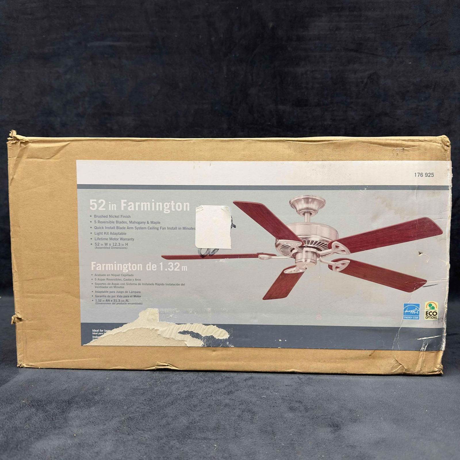 52" Farmington Ceiling Fan Indoor Five Blade Brushed Nickel Finish: Farmington 52" Indoor Brushed Nickel Ceiling Fan 176925. Five reversible blades, mahogany and maple. Brushed nickel finish. Item comes in like new condition including original box. This item is in