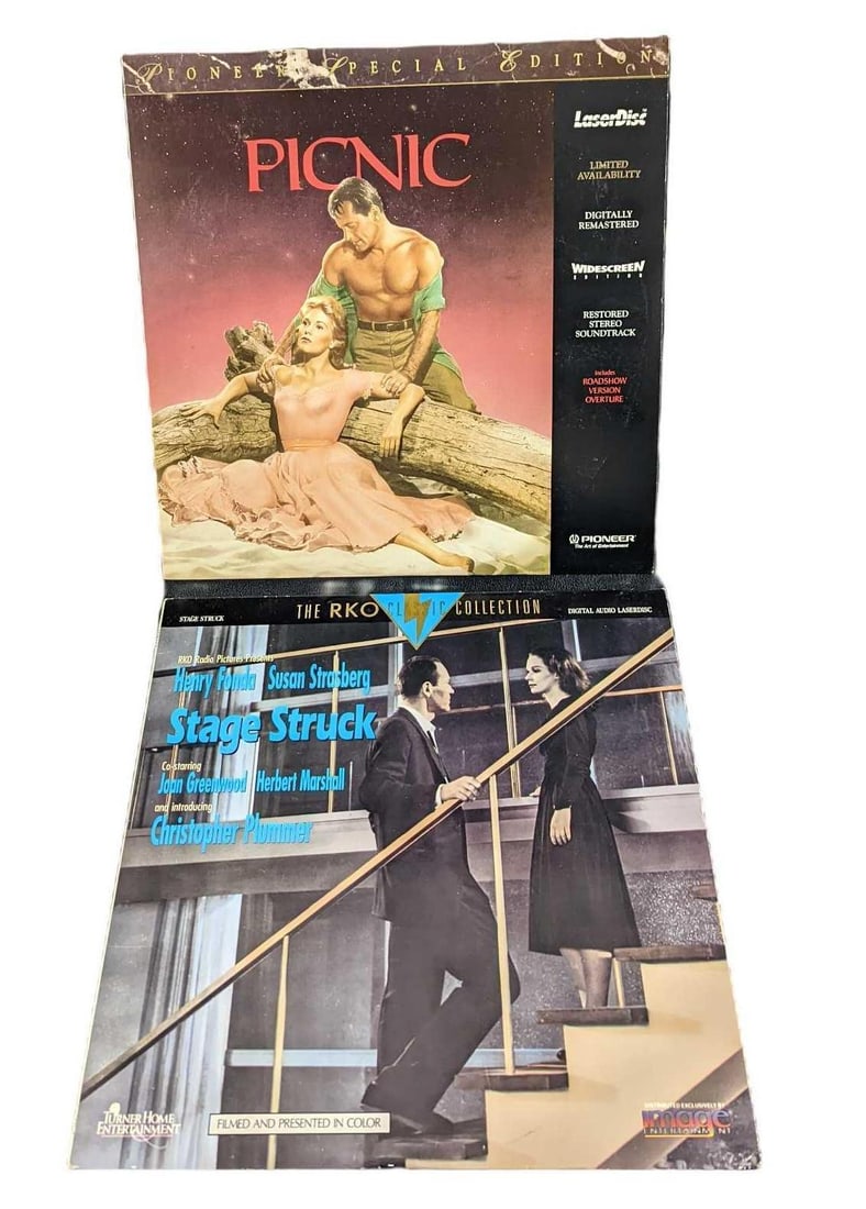 Picnic & Stage Struck Laser Discs: This lot includes: (1) Picnic - Pioneer Special Edition.(1) Star Struck - RKO Classic Collection. Each is approx 12 1/2" x 12 1/2" and together they weigh 1.37lb. The discs have signs of