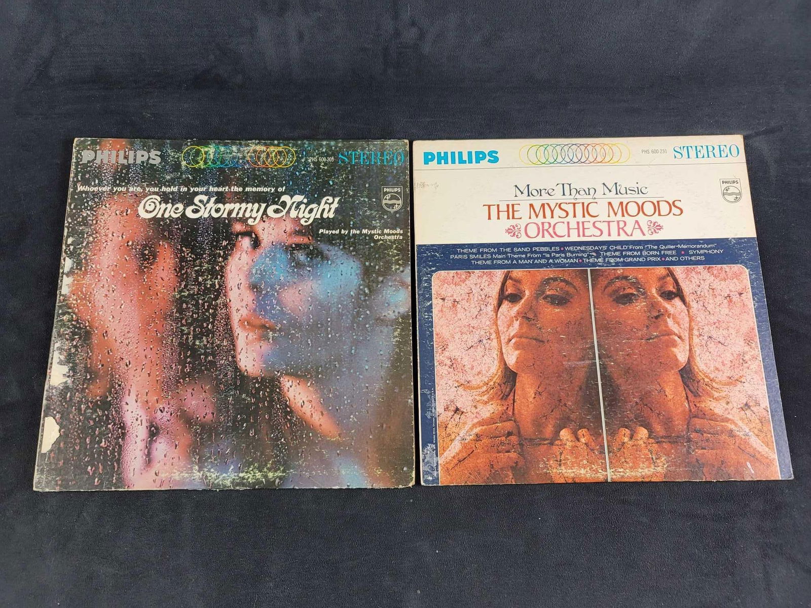 Philips Stereo Mystic Moods Vinyl Records Lot: Produced by Philips Records, 12", 33RPM, LP. One Stormy Night, played by Mystic Moods Orchestra More Than Music, played by Mystic Moods Orchestra In good condition, the sleeve of one is in