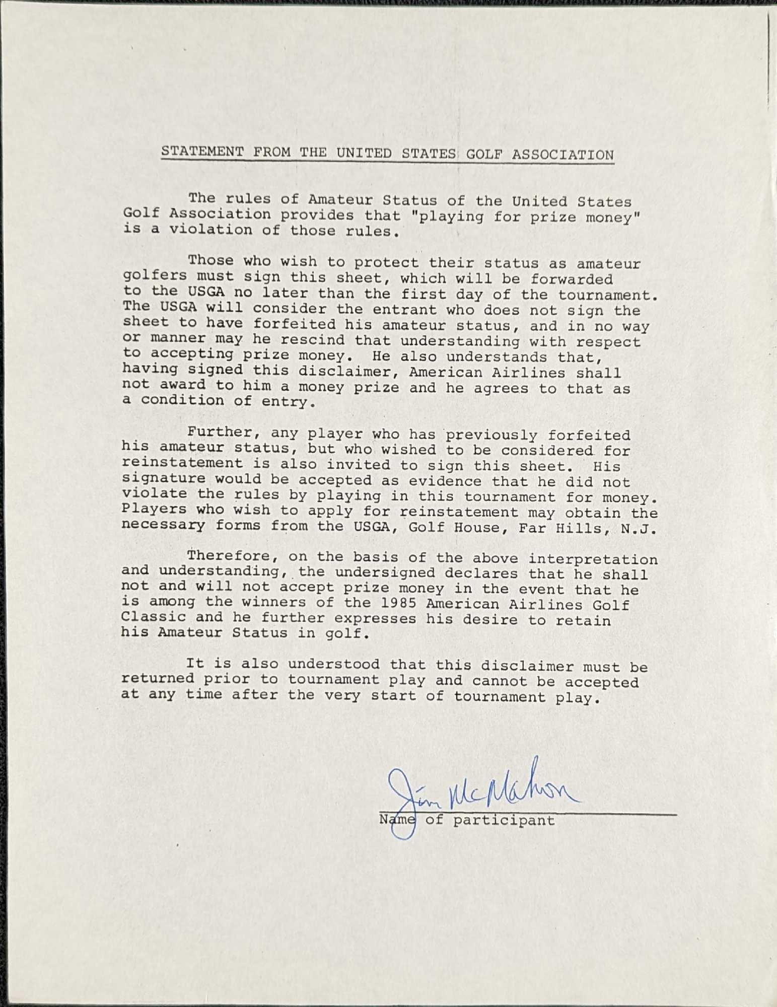 Jim McMahon Signed American Airlines Golf Letter: Here is a letter that former football player Jim McMahon signed for the United States Golf Association. The letter is approx 8 1/2" x 11" and it weighs 0.01lb.The letter has some creased