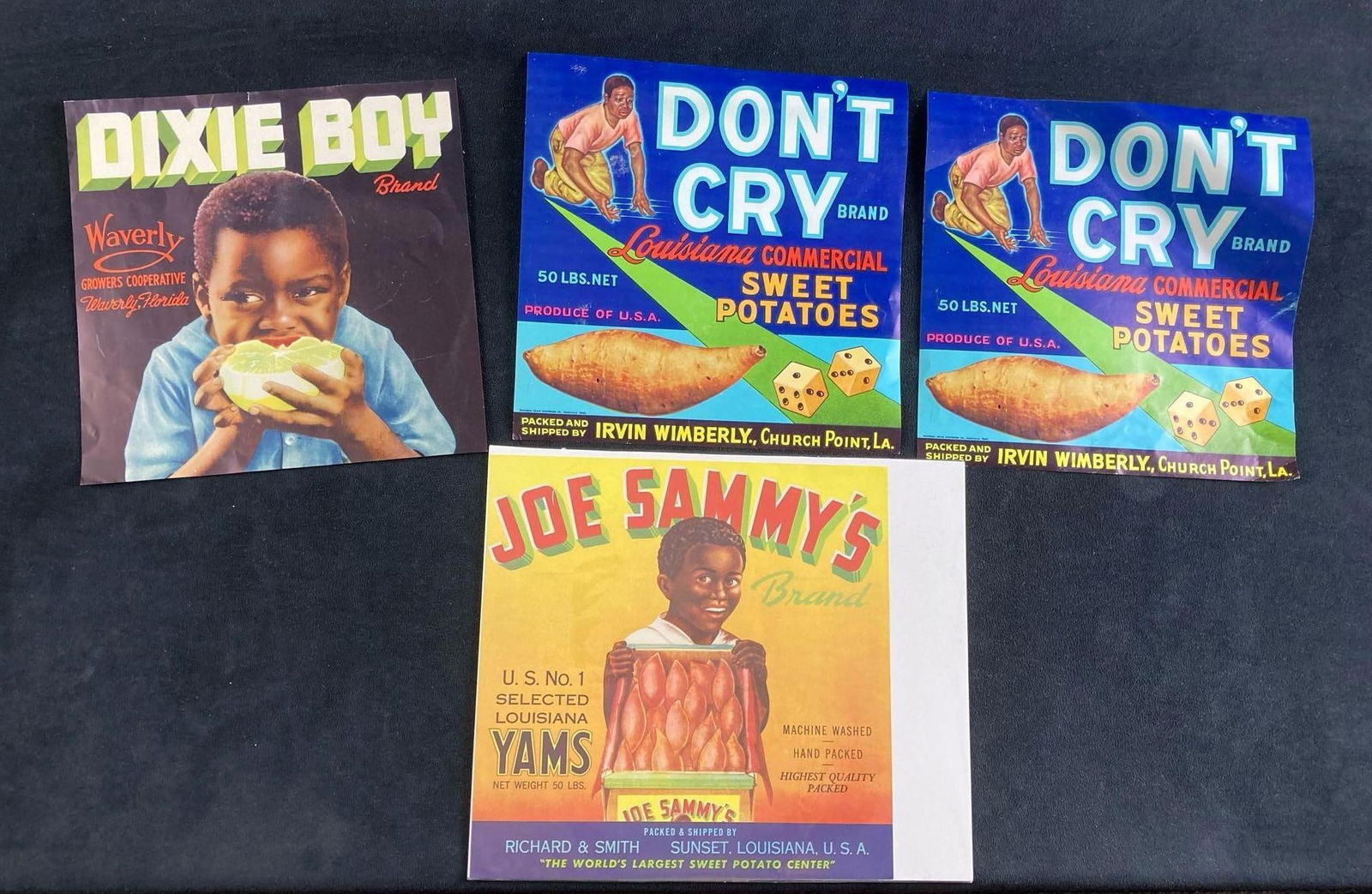 Set of (4) Advertisements African American Themed: This lot includes: (2) "Don't Cry" Brand Sweet Potato Advertisements (1) "Joe Sammy's" Brand Yam Advertisement (1) "Dixie Boy" Brand Advertisement <