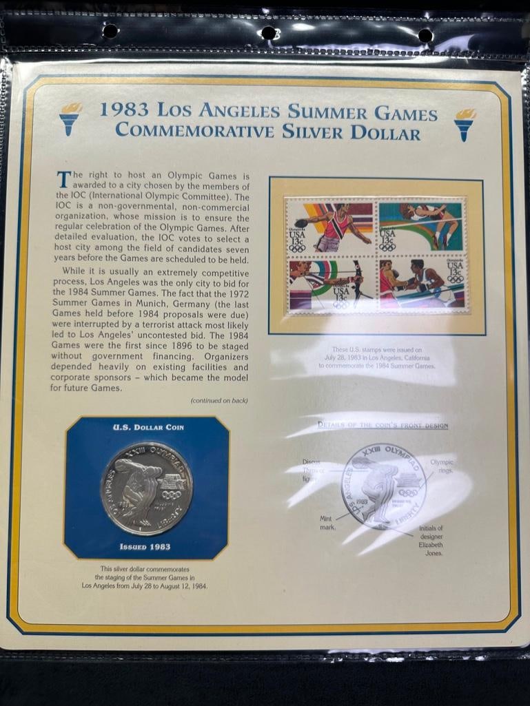 1983 Commemorative Silver Dollar Collector Panel: Informational panel for collectors featuring a commemorative United States silver dollar coin, with related stamps. These coins have been tested and researched to the best of our ability prior to