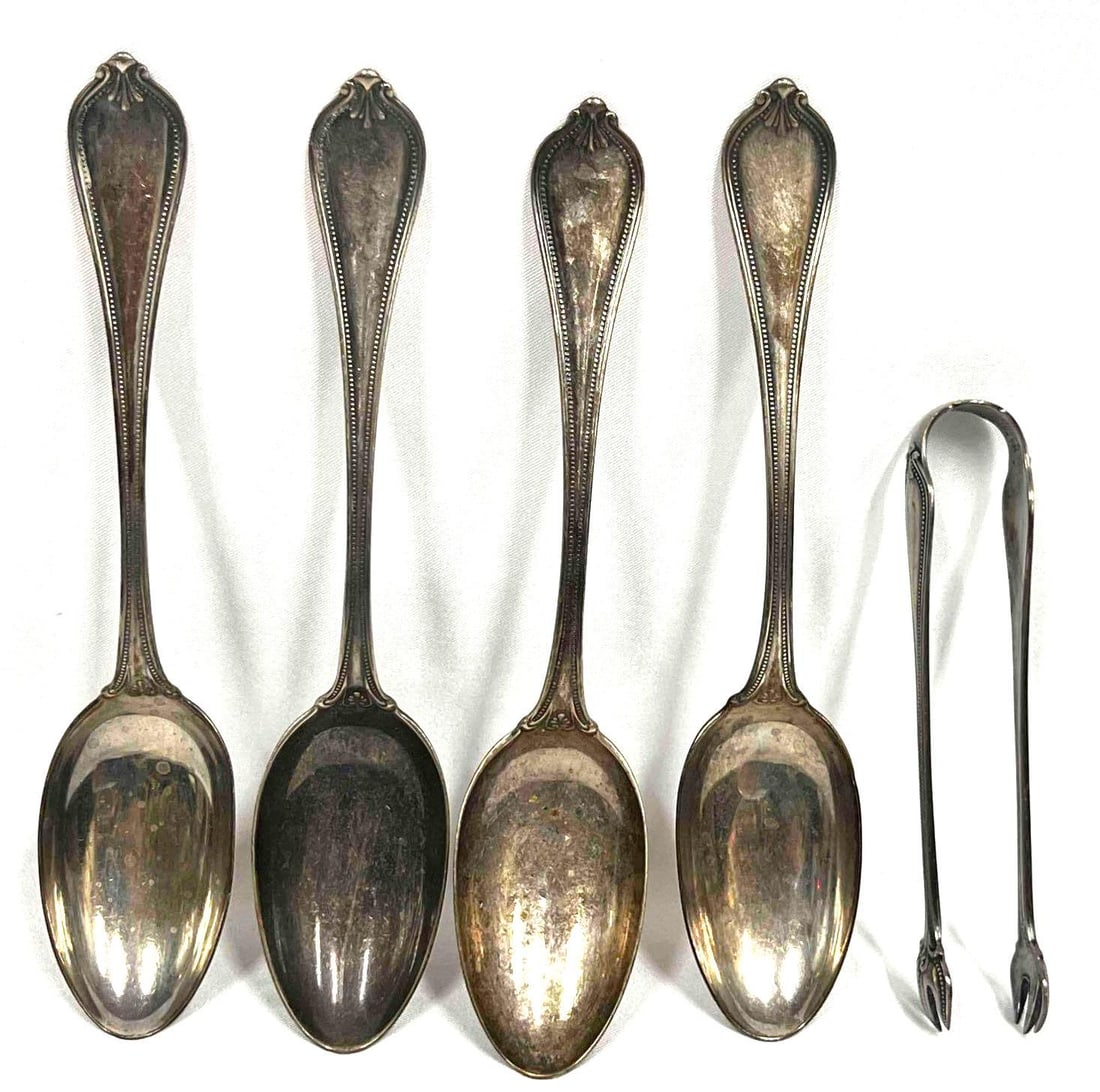Old Newbury Towle 925 Sterling Silver Spoon Set Of 4 + Sugar Tongs (1 of 11)