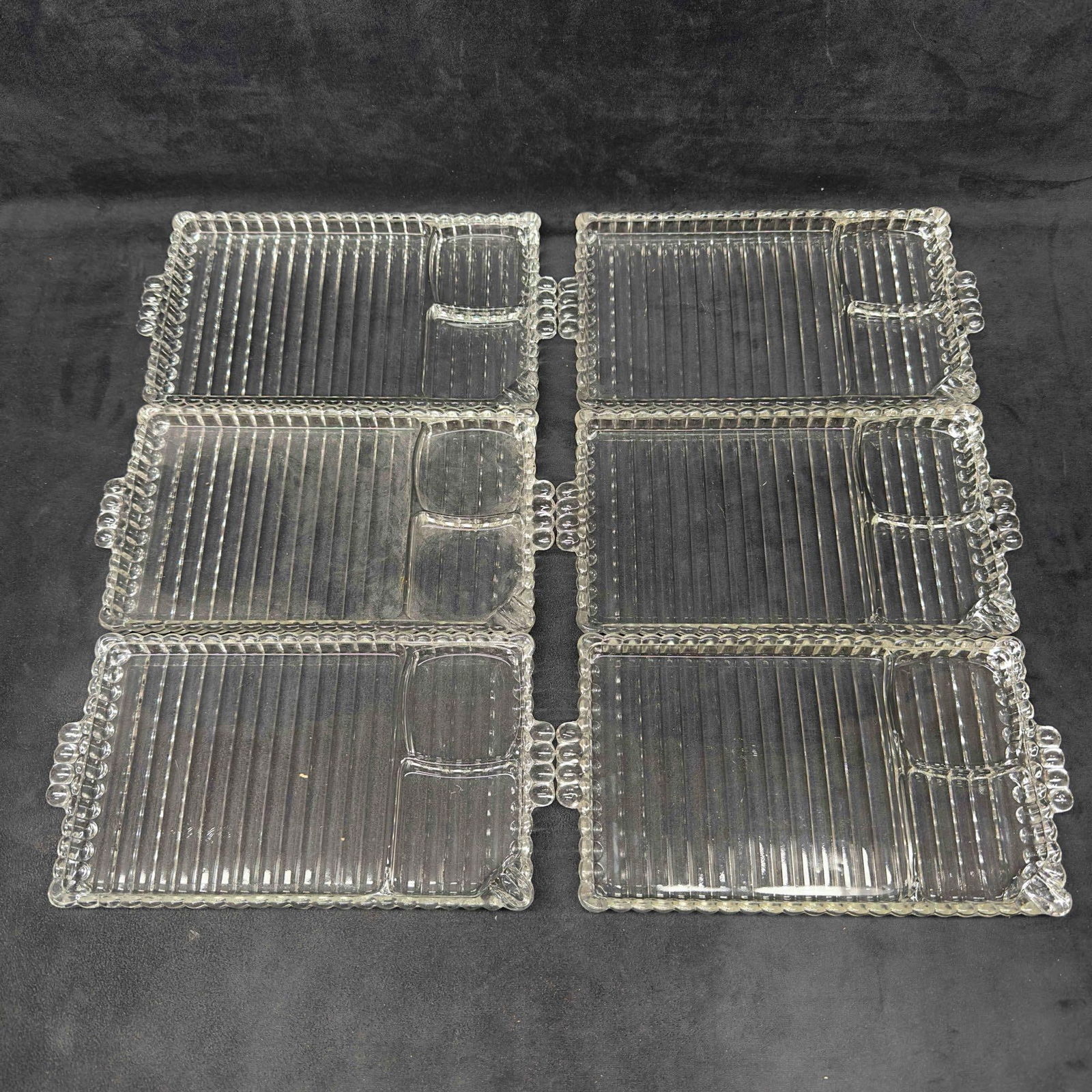 Hazel Atlas Orchard Twelve Piece Luncheon Plate and Cup Party Service Set: Hazel Atlas Orchard Twelve Piece Luncheon Plate and Cup Party Service Set. This set includes six trays and six cups. A few of the trays shows light chips and cracks, none major. No other chips,