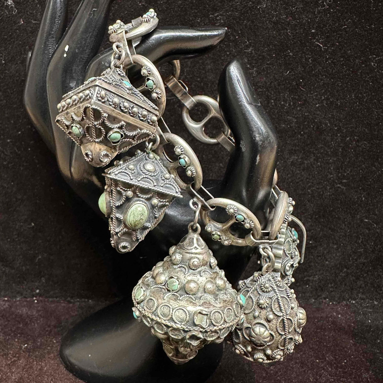 800 Silver Green and Blue Gemstone Filigree Fob Charms Etruscan Revival Style Bracelet H77: This item is in good pre-owned, previously used/displayed condition with noticeable light wear, and surface scratches. Please reference all photos for full details. This piece of jewelry has been