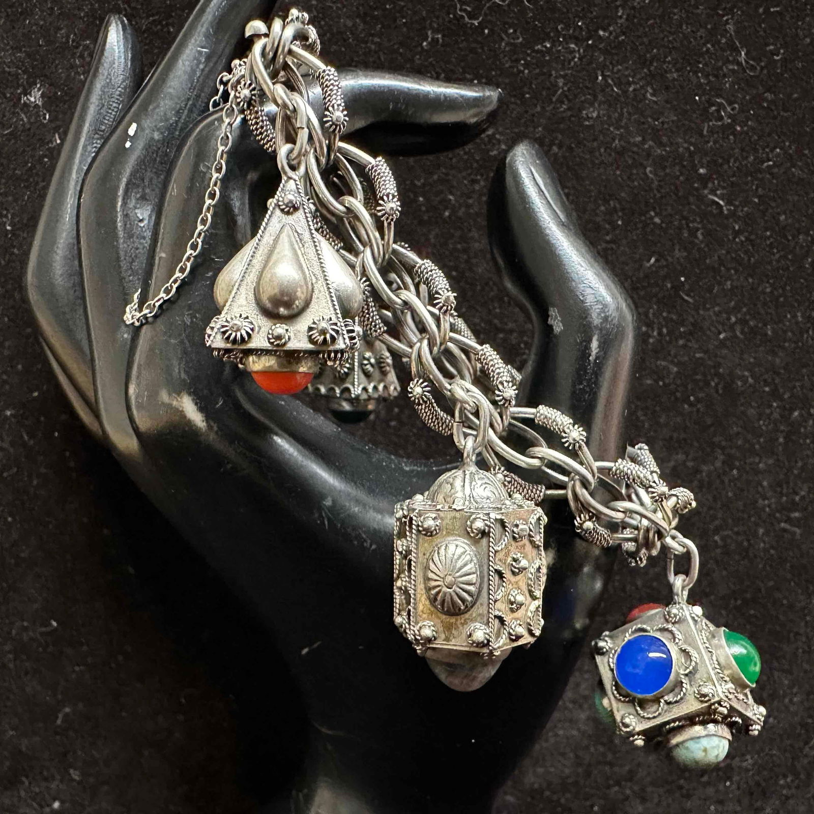 Stone Setting Filigree Five Charm 800 Silver Bracelet Etruscan Revival Style H88: This item is in good pre-owned, previously used/displayed condition with noticeable light wear, and surface scratches. Please reference all photos for full details. This piece of jewelry has been