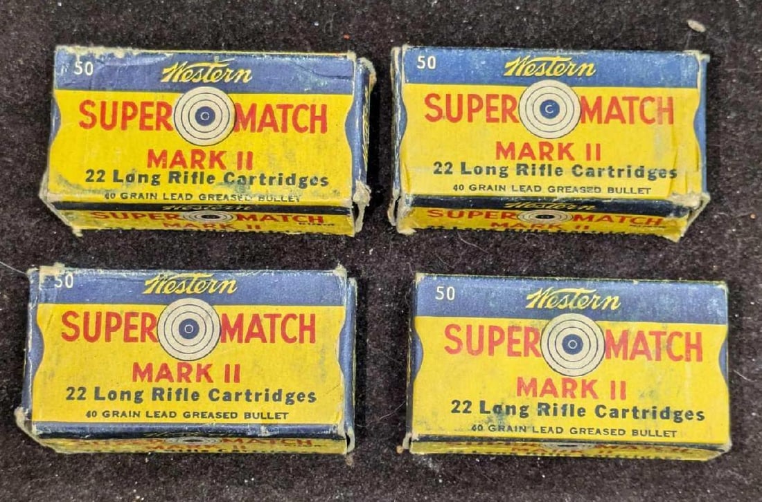 200 Western Super Match Mark II 22 Long Rifle Cartridges: 200 Western Super Match Mark II 22 Long Rifle Cartridges. Each box is approx 2 1/2" x 1" x 1 1/4" and the total weight is 1.51lb. The boxes have shelf wear. The boxes are full. Please see the images