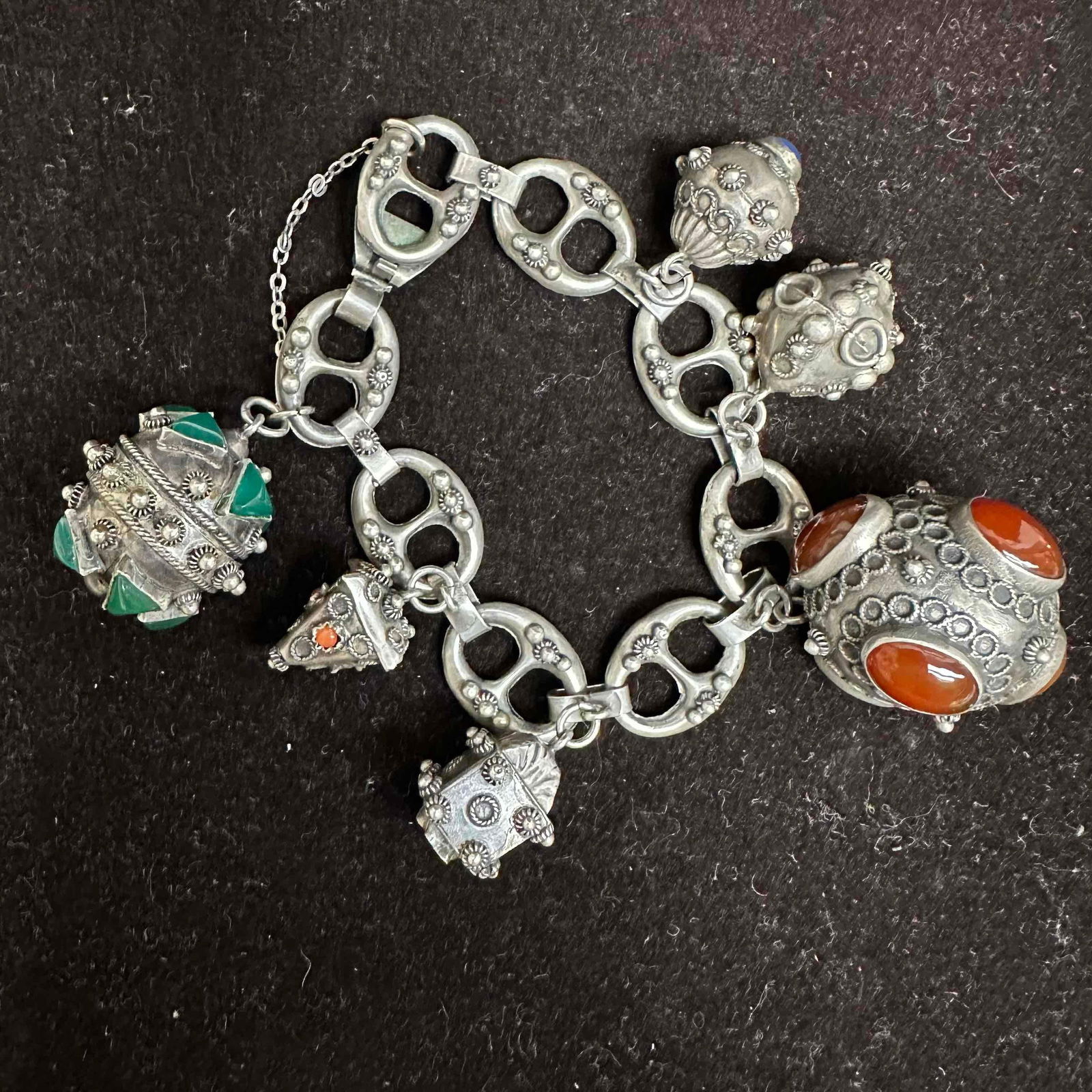 Mariner Chain Puffy Link Faux Glass Stone Accent Charm 800 Silver Bracelet I6 (1 of 8)