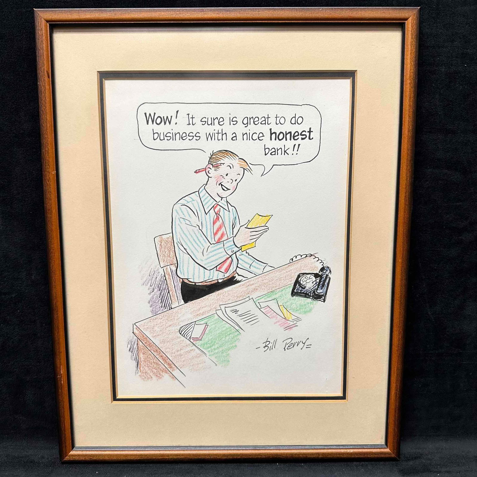 Honest Bank Bill Perry Original Sketch Framed Art: Drawing sketch art in pencil, crayon or pastel, original framed piece. This item is in good pre-owned, previously displayed condition with light wear, and surface scratches. Please reference all photo