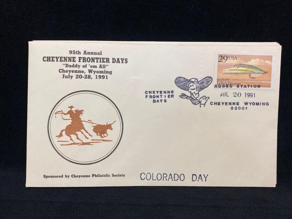 9 Cheyenne, WY Frontier Days Event Covers 1991: 9 Cheyenne, WY Frontier Days Event Covers 1991 Lot of 9 event covers, celebrating the 95th annual Frontier Days in Cheyenne, Wyoming and postmarked at Rodeo Station. Features several design and color