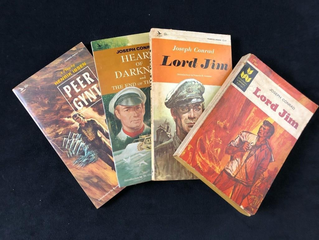 4 Vintage Paperback Books Heart Of Darkness Joseph Conrad: This lot includes: (1) Lord Jim by Joseph Conrad. Published in 1965 by Scholastic Magazines, Inc (New York). The dusk cover has some shelf life wear and the pages have some yellowing. The cover is al
