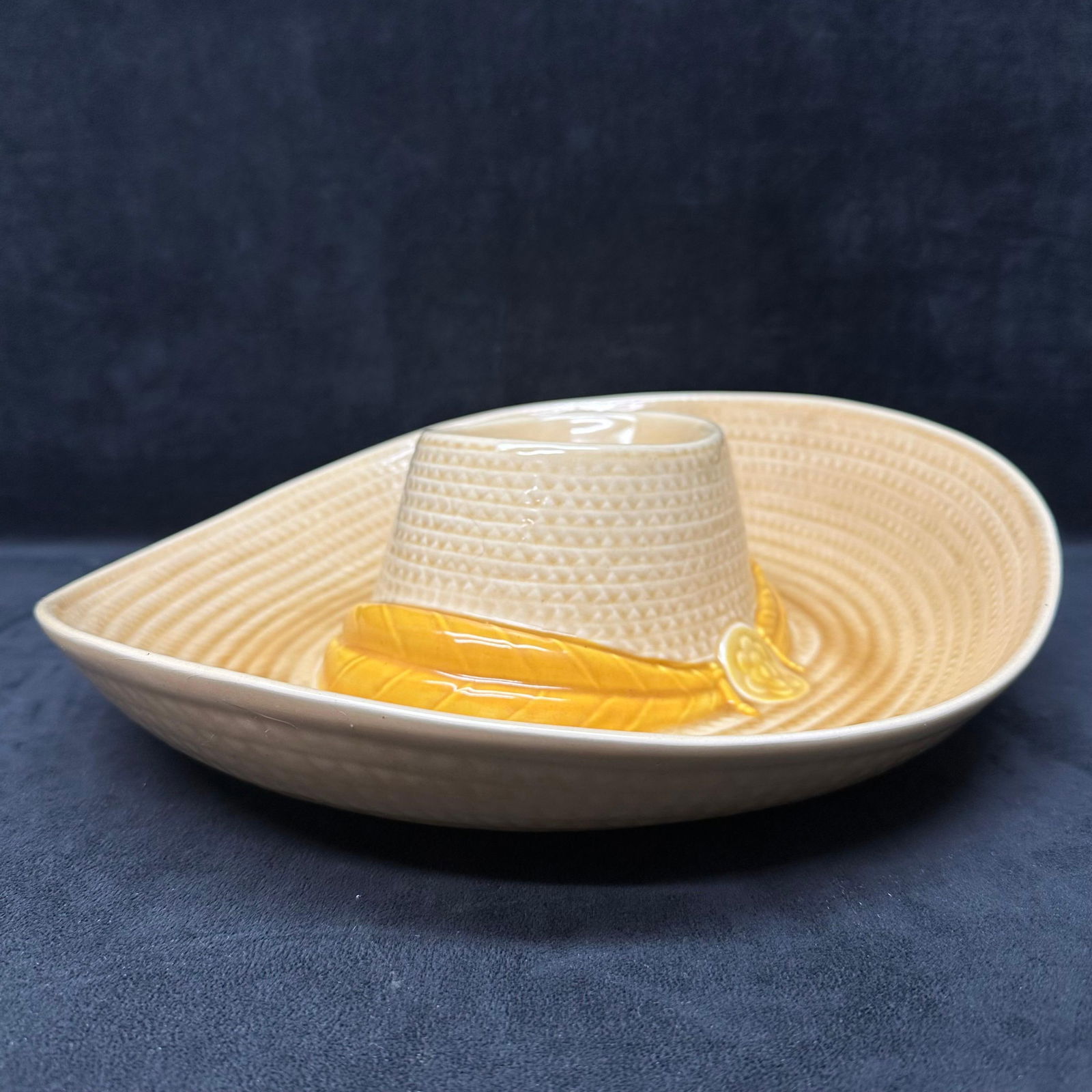 Metlox California Pottery Sombrero Chip and Dip Bowl Hat Party Platter: Light crazing on the pottery and black markings along the bottom. This item is in pre-owned, previously displayed condition with light wear and surface scratches. Please reference all photos for full