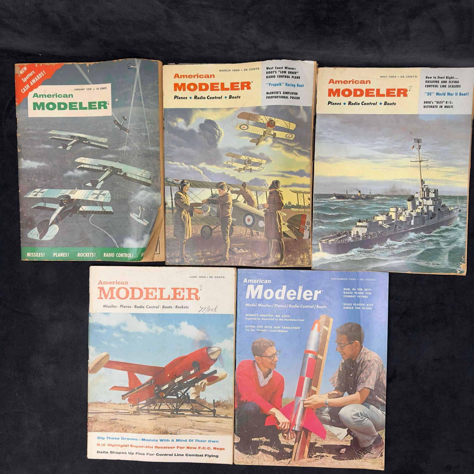 American Modeler Magazine Model Planes Boats 1959 Lot of 5 Five Magazines Collection Set: American Modeler Magazine Model Planes Boats 1959 Lot of 5 Five Magazines Collection Set. The 1959 set includes a series with the following issues January, March, May, June, and December. Each