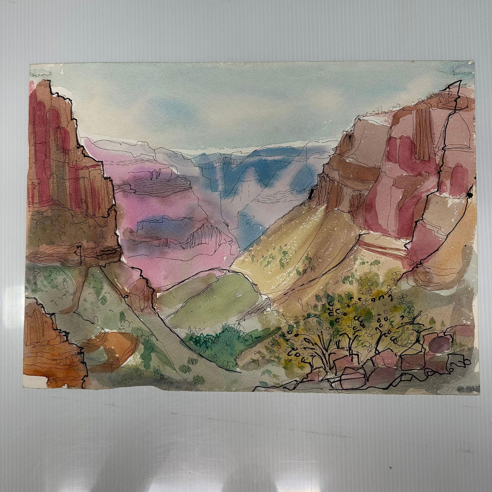 Grand Canyon Style Landscape Watercolor Painting on Paper: Original watercolor and ink landscape painting depicting a canyon view, likely inspired by the Grand Canyon, with layered rock formations and a winding path in the foreground. Executed in soft washes