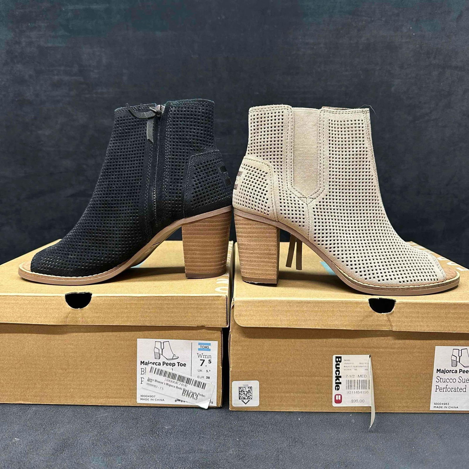 Toms Women's Majorca Open Peep Toe Ankle Booties Size 7.5 Boots Stucco and Black Suede Set: Toms Majoca Peep Toe Stucco and Black Suede Perforated women's shoe set. Each pair of shoes comes with a Toms dust jacket bag in the box. Two pairs of shoes. These items are in new condition with